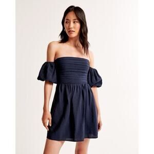 Abercrombie Emerson Off The Shoulder Puff Sleeve Mini Dress Dark Indigo Sz XL